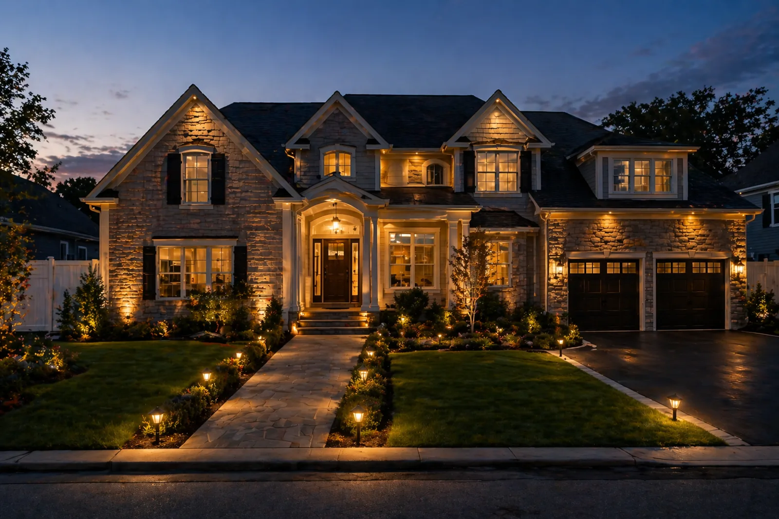 Stunning Long Island stone-front home at twilight with full landscape lighting design — facade uplighting, path lights along the walkway, and glowing window interiors