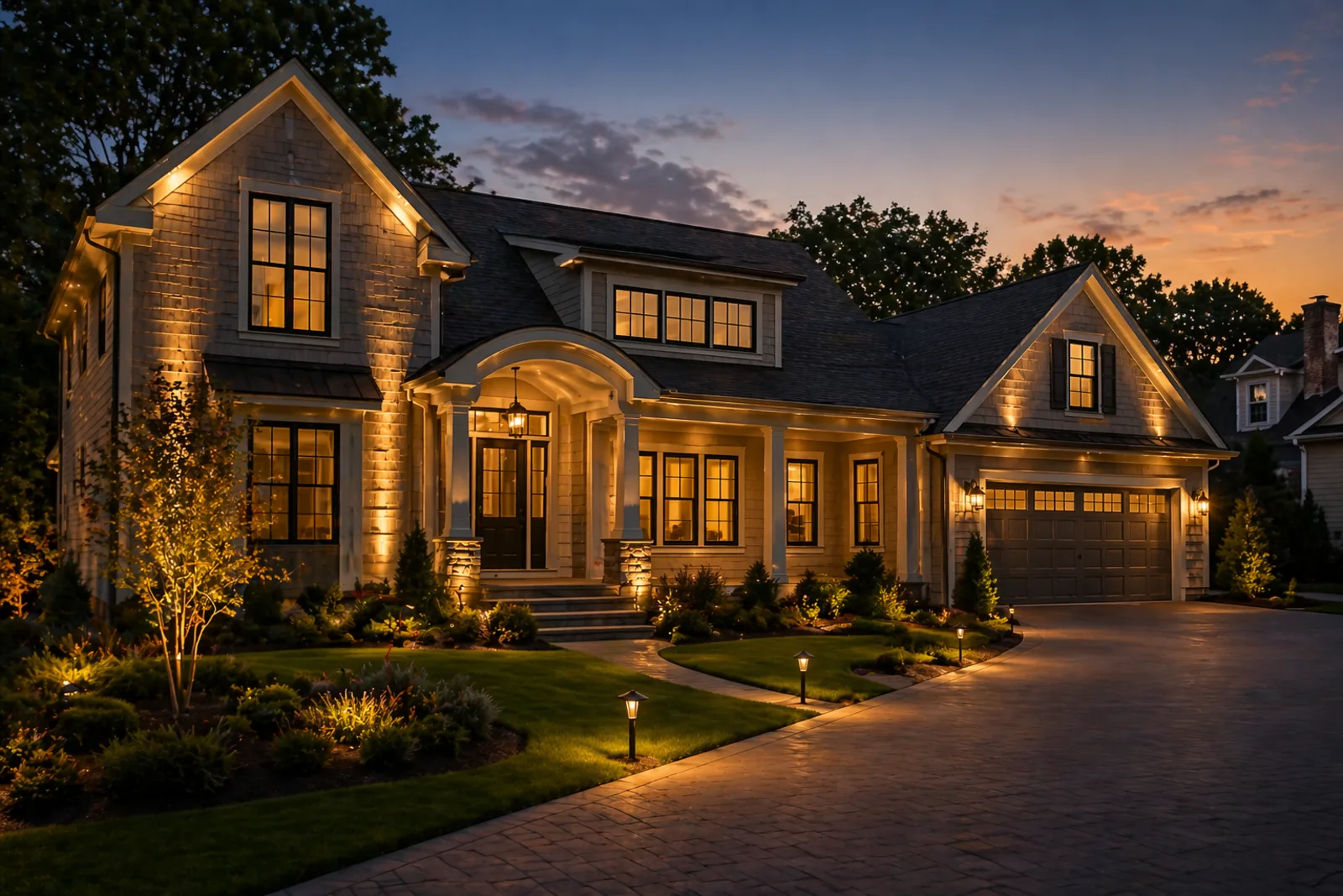 Long Island home illuminated at dusk with warm landscape uplighting along the foundation and pathway lights guiding to the front door