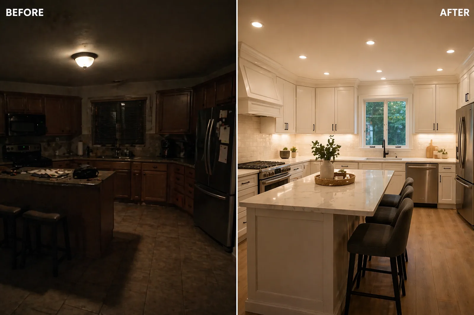 Before and after recessed lighting installation in a Long Island kitchen — dim single ceiling fixture transformed into evenly-lit modern kitchen with recessed LED downlights by Berman Electric